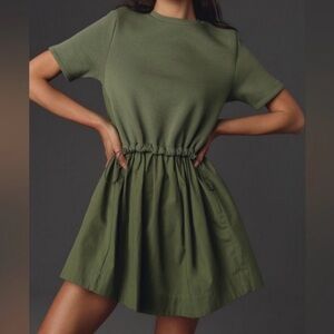 Pilcro Olive Green Short-Sleeve Drawstring Mini Dress